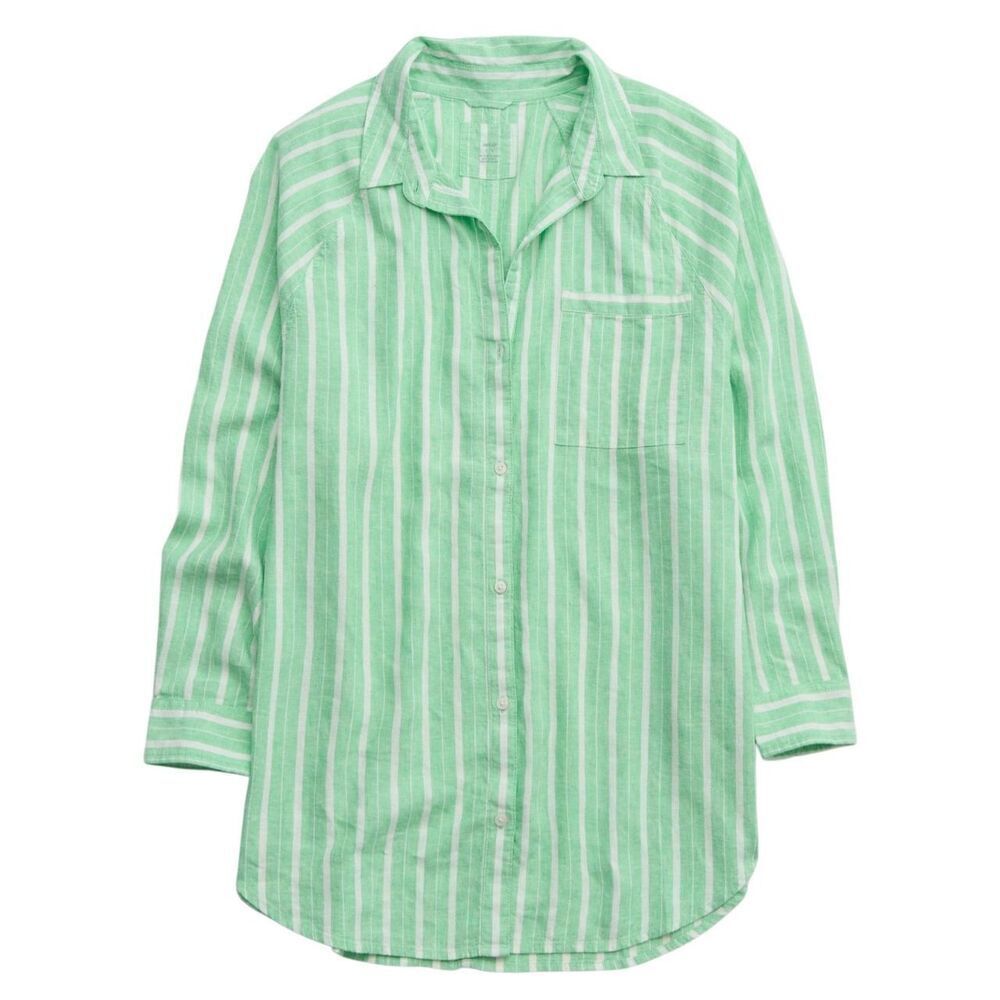 Aerie linen blend coverup shirt button down celebrity green stripes XS